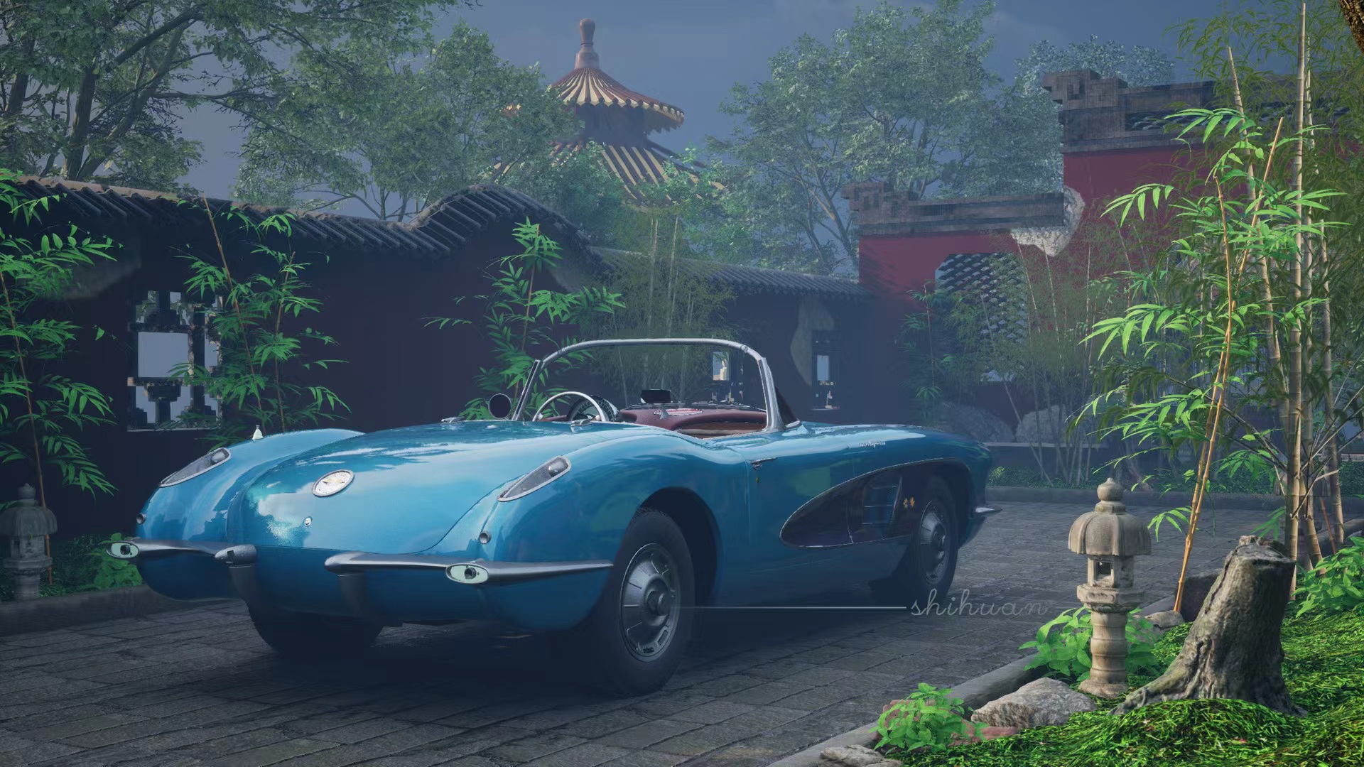 Luxury cars in a bamboo forest Chinese architecture 
